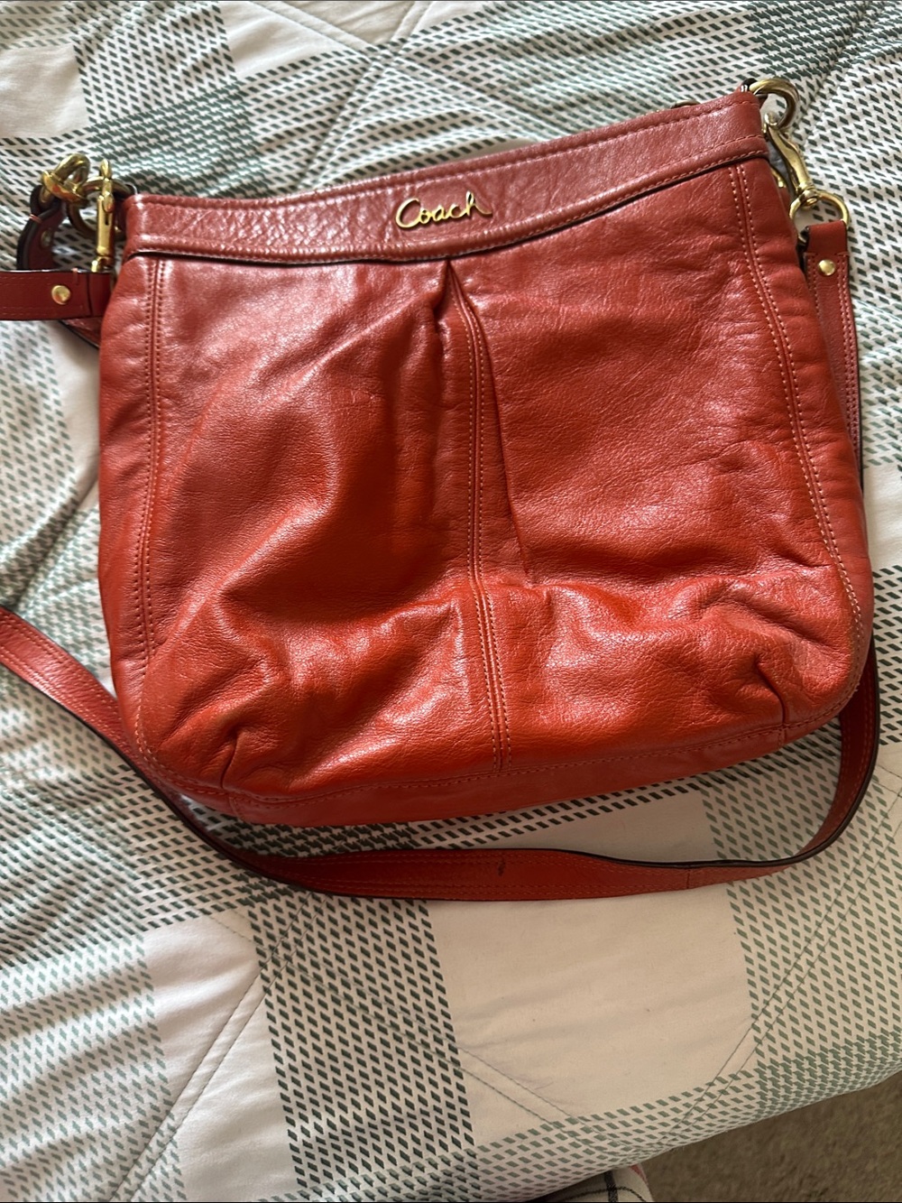 Coach Orange-Red Leather Shoulder Bag with Gold Hardware